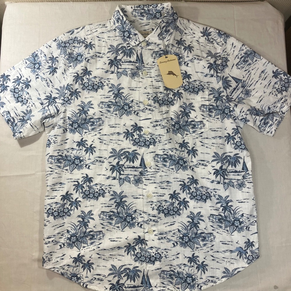 Tommy Bahama Mens M White Blue Tropical Palm Tree Cotton Button Up Shirt NEW